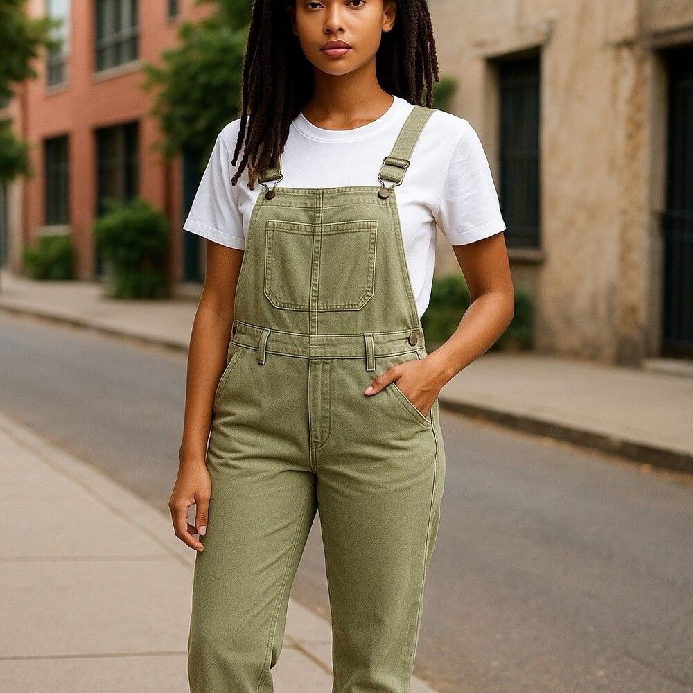 Overall Capri Raw edge Olive Green Suspender style back distressed L Olivaceous